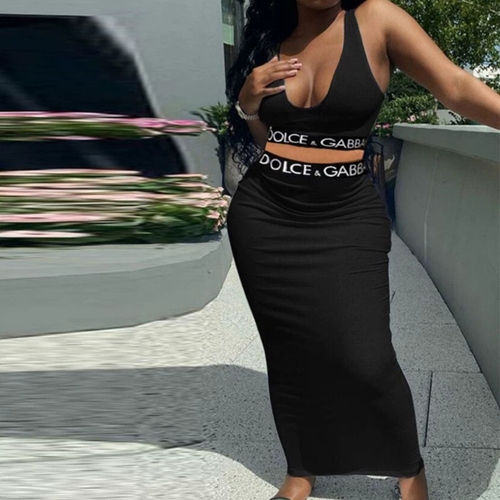 ZARA Summer Casual Tank High Waist Bodycon Maxi Skirt Letter Ribbon Set Women